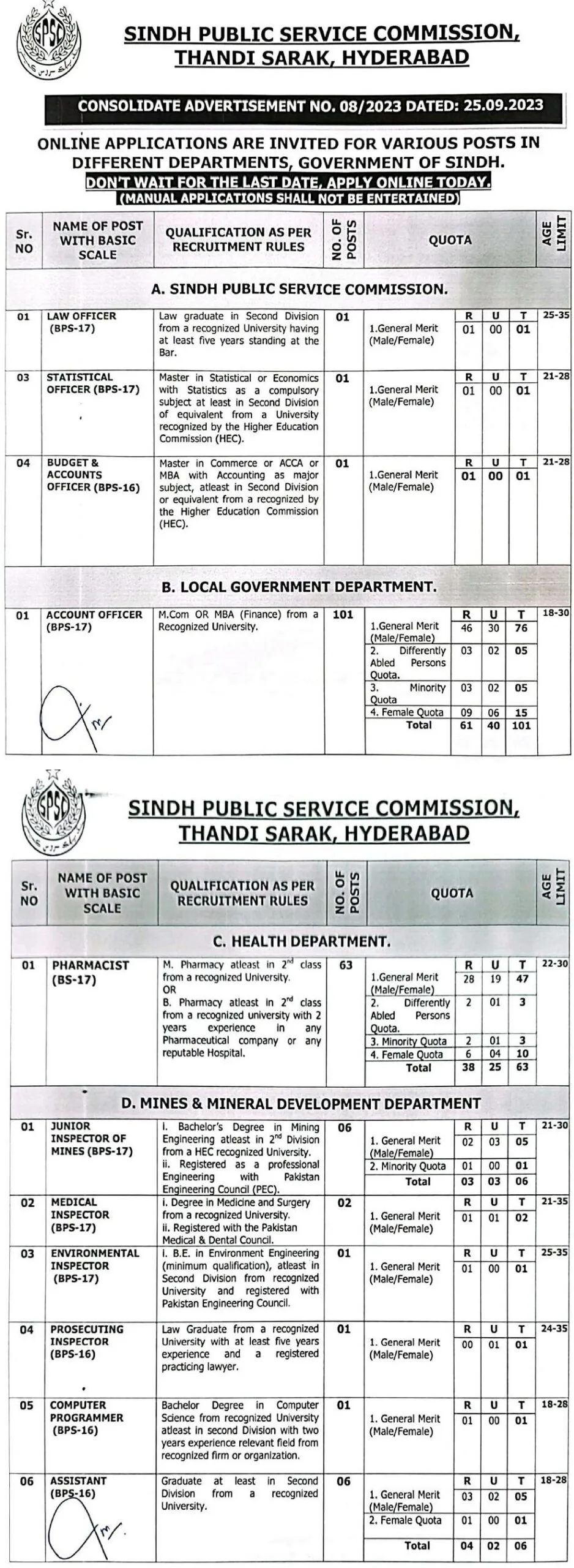 SPSC Jobs 2023 Online Apply Advertisement Today