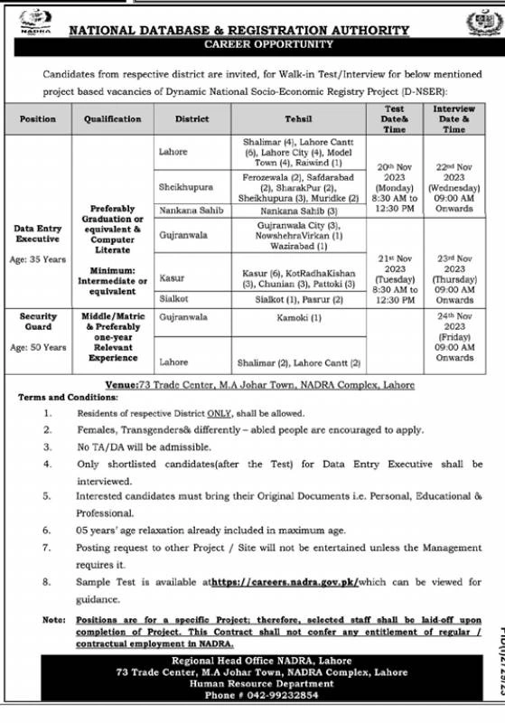 NADRA Jobs 2023 Regional Head Officer Lahore Advertisment