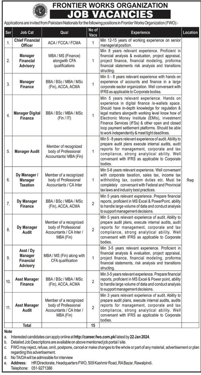 FWO Jobs 2024 - Pak New Jobs 2024|Government Jobs|New Jobs Near Me
Are you eagerly searching for government jobs in Pakistan in 2024? If so, you're not alone. In this comprehensive guide, we will navigate the world of government employment in Pakistan, focusing on the latest job openings, finding new job listings near you, and understanding the benefits of a career in the public sector. Whether you're looking for "government job vacancies," "new jobs today," or "Pak new jobs 2024," this article will serve as your roadmap to success.

Government Jobs in Pakistan: A Coveted Career Path

Government jobs in Pakistan have long been celebrated for their job security, stability, and attractive benefits. From federal government positions to state-level job opportunities, Pakistan offers a diverse array of roles to explore. Candidates from various educational backgrounds aspire to secure these prestigious "government job vacancies."

Latest Government Job Openings: Your Path to Success

For those actively seeking "new jobs near me," staying updated with the latest government job openings is crucial. You can find government job listings on official government websites and reputable job portals. These platforms provide valuable information on "job vacancies near me," "local job listings," and "job openings in your area."

If you're eager to embark on a career "today," regularly checking these platforms for immediate job postings is essential. Government organizations typically adhere to specific application deadlines, so staying vigilant is key. Moreover, many government jobs have specific "eligibility criteria," so it's vital to ensure that you meet these requirements before applying.

Benefits of Government Employment: A Rewarding Choice

The appeal of government employment lies not only in job security but also in a range of "government job benefits." These may include competitive salaries, generous pensions, comprehensive healthcare coverage, and long-term job stability. In addition, government jobs often provide opportunities for career advancement and skill development, ensuring a fulfilling and prosperous future.

One standout feature of government jobs is the commitment to fair and transparent recruitment processes. "Government job applications" are designed to offer equal opportunities to all eligible candidates, creating a level playing field for job seekers.

Pak New Jobs 2024: A Glimpse into the Future

As we step into 2024, exciting new government job opportunities await aspiring candidates in Pakistan. The year 2024 brings a fresh wave of "Pak new jobs," promising growth and development across various sectors. Whether you're interested in "Pakistan government jobs in 2024," "the latest jobs in Pakistan," or simply want to explore "2024 job vacancies in Pakistan," a plethora of career prospects awaits you.

To navigate the landscape of "Pak new jobs 2024," stay connected with official government job portals and websites. These platforms consistently update their listings, ensuring that job seekers have access to the latest information on job openings and recruitment processes.

FWO: A Pinnacle of Government Employment

The Frontier Works Organization (FWO) is a prominent government department in Pakistan, renowned for its contributions to infrastructure development and construction projects. With a history intertwined with the Pakistan Army, FWO maintains high standards of professionalism and excellence. Explore FWO's "government job positions" and "job openings" to become a part of this prestigious organization.

Conclusion: Your Journey to Government Employment

In conclusion, government jobs in Pakistan offer unparalleled stability, attractive benefits, and a multitude of career opportunities. Whether you're on the hunt for "government job vacancies," "new jobs today," "Pak new jobs 2024," or "FWO job openings," you have a world of possibilities at your fingertips. Stay informed, meet the "government job eligibility criteria," and make the most of the benefits that come with government employment.