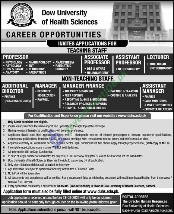 Dow University of Health Sciences (DUHS), a premier institution in the field of medical education and research, has recently announced a variety of career opportunities for both teaching and non-teaching staff. This initiative is aimed at further enhancing the university's commitment to providing top-notch health sciences education and healthcare services. With a wide array of positions available, DUHS is inviting applications from dedicated and qualified professionals who are eager to contribute to the growth and success of this esteemed institution.