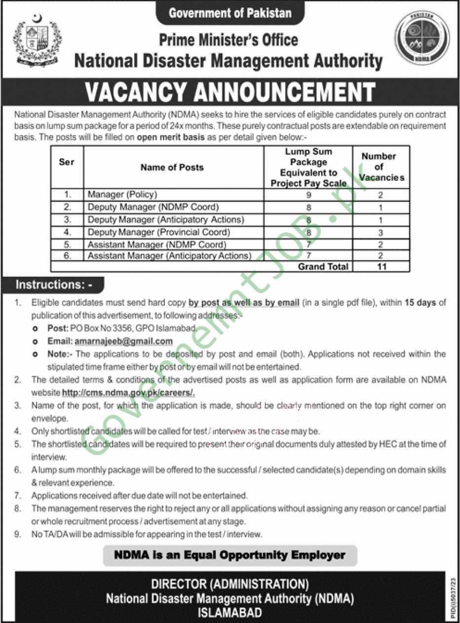 The Prime Minister's Office through the National Disaster Management Authority (NDMA) has announced a significant recruitment drive, seeking to onboard skilled professionals in various managerial positions. This initiative reflects the government's commitment to strengthening Pakistan's disaster management capabilities by integrating talented and motivated individuals into its ranks. NDMA's mission to mitigate the impact of natural and man-made disasters necessitates a dynamic team ready to face challenges head-on. Here's an opportunity to contribute significantly to national resilience and disaster preparedness.