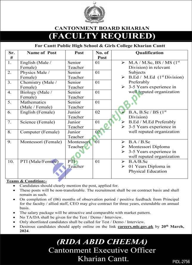 Cantonment Board Kharian is seeking dedicated and passionate educators to join our team at Cantt Public High School & Girls College Kharian Cantt. As educators, we play a crucial role in nurturing the young minds of our students. If you are committed to excellence in education, we invite you to apply for the following positions:

Positions Available

1. Senior Teacher (English)

Qualifications: MA/M.Sc or BS/MS (1st Division) in English

Experience: 3-5 years in teaching English

Responsibilities: Deliver engaging lessons, foster language skills, and inspire students.

2. Senior Teacher (Physics)

Qualifications: MA/M.Sc or BS/MS (1st Division) in Physics

Experience: 3-5 years in teaching Physics

Responsibilities: Ignite curiosity, explain complex concepts, and guide students in their scientific journey.

3. Junior Teacher

Qualifications: BA/B.Sc or BS (1st Division), B.Ed/M.Ed (preferred)

Experience: Previous experience in a well-reputed organization

Responsibilities: Create a positive learning environment, encourage student participation, and facilitate growth.

4. Montessori Teacher

Qualifications: BA/B.Sc with Montessori Diploma

Experience: 3 years in a well-reputed organization (preferred)

Responsibilities: Nurture early learners, promote creativity, and build a strong foundation.

Requirements

Clearly mention the post you are applying for.

Positions are on a contract basis and will remain as such.

A 6-month observation period with positive feedback from the Principal is mandatory.

Benefits

Attractive salary packages comparable to market rates.

No travel allowance (TA) or daily allowance (DA) for interviews/tests.

Application Deadline

Interested candidates should submit their applications by March 26, 2024.

Contact Information

RIDA ABID CHEEMA Cantonment Executive Officer Kharian Cantt