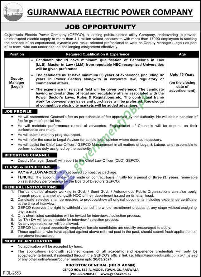 Gujranwala Electric Power Company (GEPCO) stands as a beacon of excellence within the public utility sector, dedicated to providing uninterrupted electric supply to more than 4.1 million valued customers. With a robust workforce exceeding 17,000 employees, GEPCO is not just an electric utility company; it's a vital lifeline for the region it serves. In its quest for excellence and to bolster its legal department, GEPCO is seeking a dynamic and experienced individual for the role of Deputy Manager (Legal). This position offers a unique opportunity to contribute significantly to GEPCO's mission while fostering personal and professional growth. Job Overview Position: Deputy Manager (Legal) Required Qualification & Experience: The ideal candidate must possess a minimum qualification of Bachelor's in Law (LLB), preferably with a Master in Law (LLM) from HEC recognized universities. A solid foundation in substantive law along with 08 years of experience (including 02 years in post Master relevant field) in corporate law, regulatory or commercial affairs is essential. Applicants with a deep understanding of legal and regulatory affairs associated with the Power Sector's Laws, Rules & Regulations etc., are highly desirable. Knowledge of power/energy sales and purchases will be given priority. Age Limit: The age cap for this position is up to 45 years as on the closing date of the advertisement. Job Profile: The Deputy Manager (Legal) will play a pivotal role in recommending Counsels' fees, managing a record of advocates, and engaging with Counsels based on their performance and merit. They will be responsible for submitting monthly progress reports, referring cases to the Legal Advisor for candid legal opinions when necessary, and assisting the Chief Law Officer / GEPCO Management in all matters of Legal & Labour. This role demands a proactive approach, ensuring all legal and regulatory compliance within the organization. Reporting Channel: Reporting directly to the Chief Law Officer (CLO) GEPCO, the Deputy Manager (Legal) will be an integral part of the legal team, contributing to the strategic direction of the legal department. Terms & Conditions: Pay & Allowances: The selected candidate will be offered a market-based competitive package. Tenure: The appointment will be on a contract basis, initially for a period of three (3) years, renewable on satisfactory performance by the Board of Directors GEPCO. General Instructions: Candidates currently working in Government/Semi-Government/Autonomous Public Organizations can also apply through the proper channel. The selection process will include thorough screening, and candidates are advised to produce all original documents, including experience certificates, at the time of interview. GEPCO reserves the right to withhold/cancel the whole recruitment process at any stage without assigning any reason. Mode of Application: Applications will not be accepted by hand. Interested candidates must submit their applications along with scanned copies of all academic and experience credentials exclusively through GEPCO's official link: GEPCO Jobs Portal before the deadline on 20/03/2024. Conclusion This job opening at GEPCO is not just a career opportunity; it's a chance to be part of a team dedicated to making a difference in the lives of millions. If you have the requisite legal acumen, experience, and the drive to excel in a challenging environment, GEPCO welcomes your application. Join us in powering progress and lighting up lives across the Gujranwala region GEPCO Jobs 2024: Gujranwala Electric Power Company